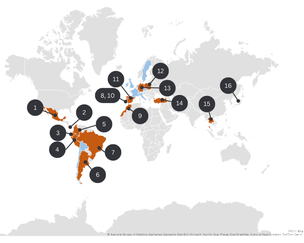 世界一周のルートを順に番号で示した世界地図