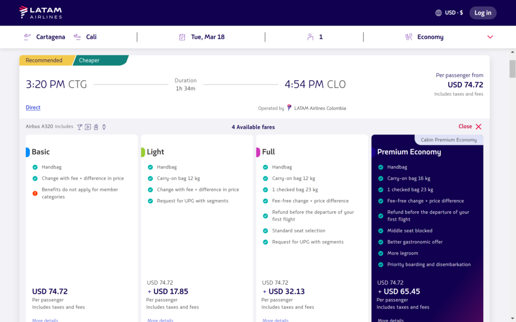 ラタム航空公式サイトでカルタヘナ・カリ間の航空券を検索した画面。4種類の料金設定がある。Basic(USD74.42）、Light（Basic+USD17.85）、Full（Basic+USD32.13）、Premium Economy（Basic＋USD65.45）